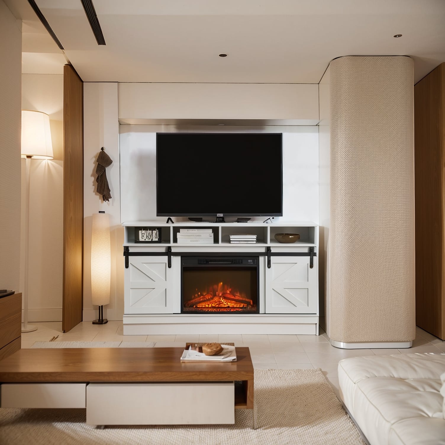 Modern Farmhouse TV Media Stand, Large Barn Inspired Home Entertainment Console, with 23" Fireplace Insert, for TV Up to 65'', with Open Shelves and Closed Cabinets, White Modern Farmhouse TV Media Stand, Large Barn Inspired Home Entertainment Console, with 23" Fireplace Insert, for TV Up to 65'', with Open Shelves and Closed Cabinets, White